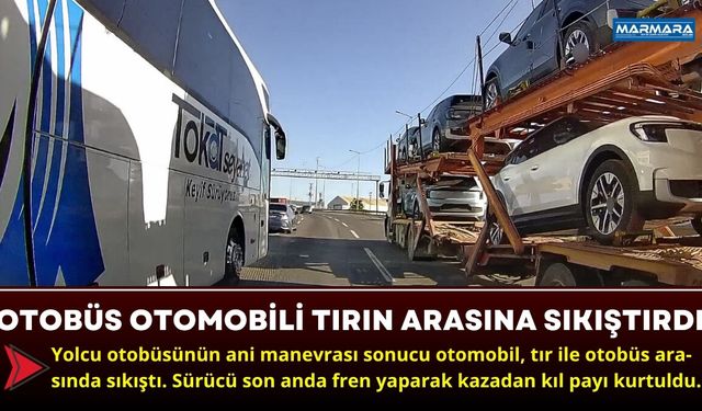 Yolcu Otobüsü Ani Manevra Yaptı, Otomobil Tır İle Otobüs Arasında Sıkıştı!